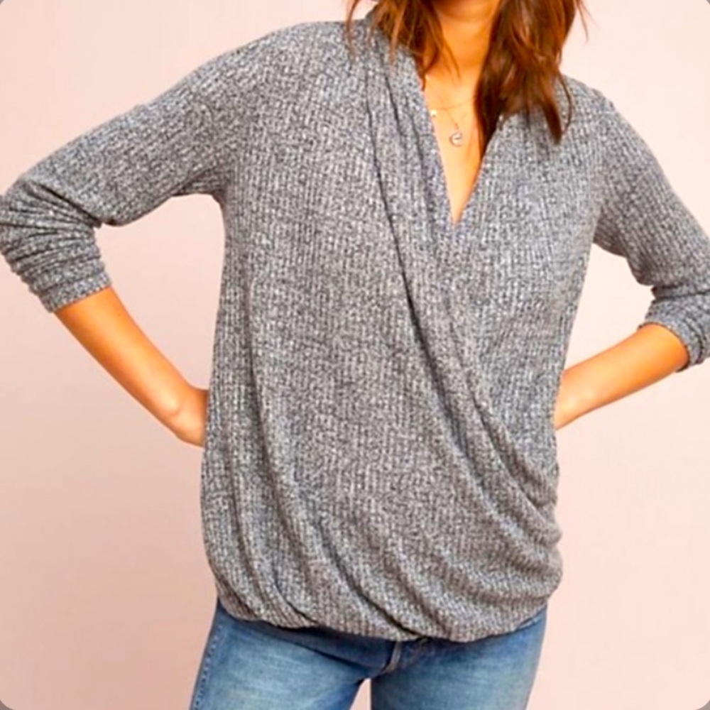 ANTHROPOLOGIE Akemi Kin Blouse S Faux Wrap Woodruff Waffle Knit Gray Thermal Top